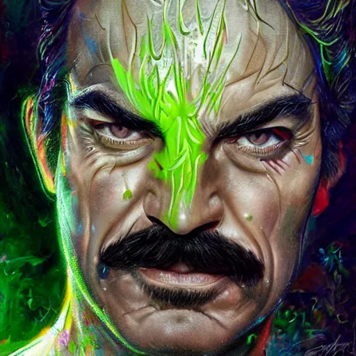 Prompt: a demon slayer portrait of tom selleck, tall, pale - skinned, slender with lime green eyes and long eyelashes by stanley artgerm, tom bagshaw, arthur adams, carne griffiths, trending on deviant art, street art, face enhance, chillwave, maximalist, full of color, glittering