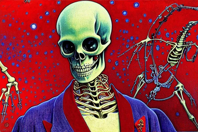 Image similar to realistic detailed closeup portrait painting of a single skeleton wearing red velvet blazer in a crowded futuristic moscow street by Jean Delville, Amano, Yves Tanguy, Alphonse Mucha, Ernst Haeckel, Edward Robert Hughes, Roger Dean, rich moody colours, blue eyes