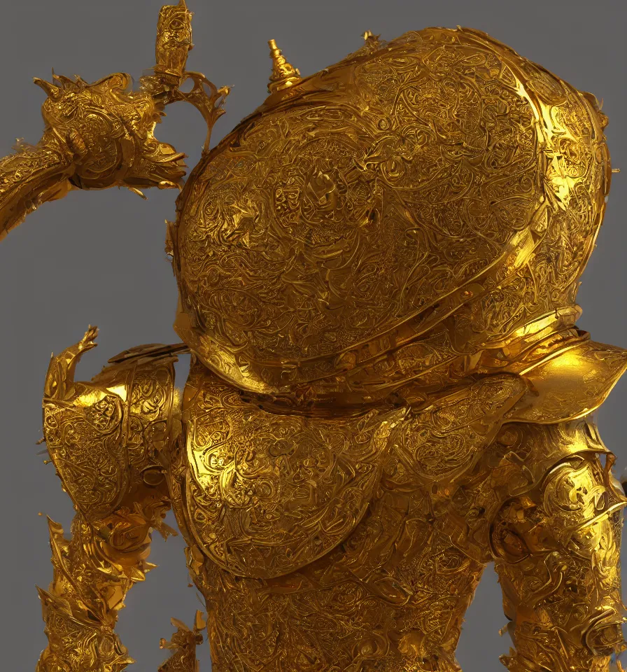 Image similar to golden fantasy plate armor, by salvador dali, 8 k resolution, intricate ornaments, photorealistic, smooth, octane render, ray tracing, ambient occlusion,