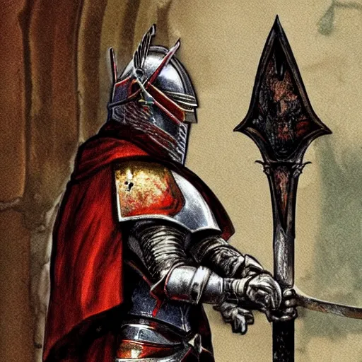 Image similar to a fantasy crusader knight in a broken down chapel holding a sword