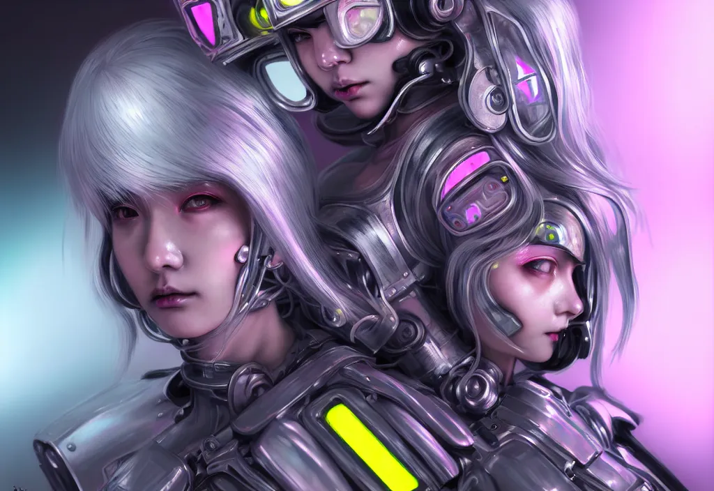 Prompt: portrait grey pink hair futuristic armor police girl, metallic black and little yellow color uniform, at cyberpunk lights shibuya japan reflected night, ssci - fi, neon light and fantasy, intricate and beautiful, highly detailed, cyber concept art, digital painitng, artstation, smooth and sharp focus, illustration, art by tian zi and wlop and alphonse mucha