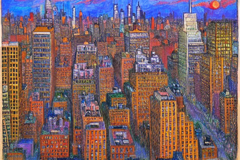 Image similar to Manhattan cityscape, from the roof, Central park by Louis Wain (1920) trending on artstation