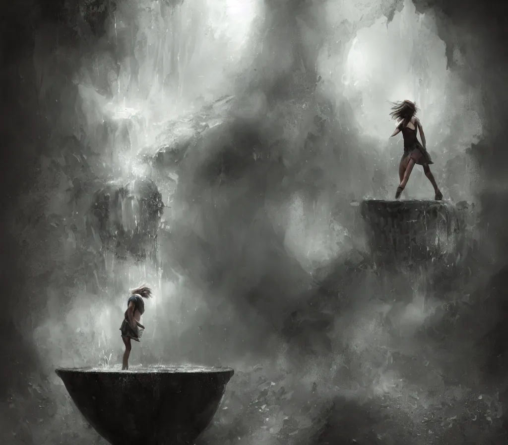 Image similar to a short haired girl girl stepping into a well full of mists and overflowing with energy, art by greg ruthowski, bastien lecouffe - deharme, ultra detailed, trending on artstation, 4 k, 8 k