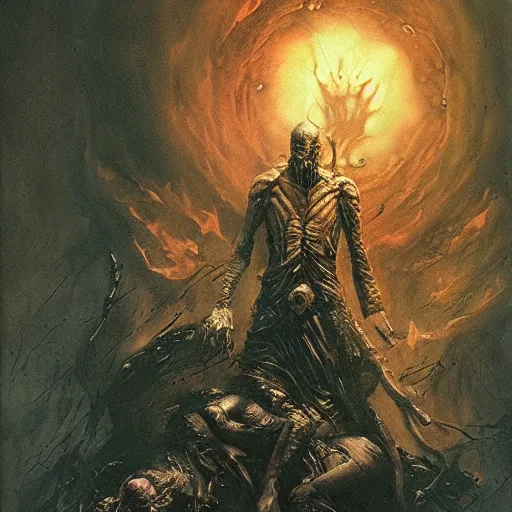 Image similar to the darkest fire, the brightest darkness, good and evil, epic, masterpiece, 8 k, 8 5 mm f / 1. 8 horror, flames, dark sci - fi, by bernie wrightson, by santiago caruso, by sabbas apterus