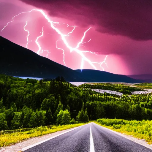 Image similar to nightmarish creatures rushing towards car, black pontiac firebird trans - am driving towards the camera, norway mountains, red glow in sky, valley, large lake, dynamic, cinematic, motionblur, volumetric lighting, wide shot, low angle, large lightning storm, thunder storm