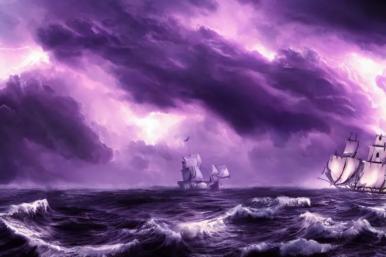 Prompt: huge pirate ships with large white sails rocked by violent stormy waters, massive fire and electrical storm clouds in epic purple sky, dark night, digital art, cinematic, hd, trending on artstation