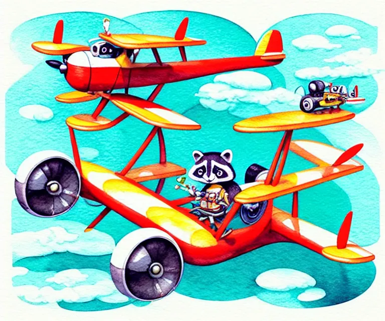 Image similar to cute and funny, racoon riding in a tiny airplane with oversized engines, ratfink style by ed roth, centered award winning watercolor pen illustration, isometric illustration by chihiro iwasaki, edited by range murata, tiny details by artgerm and watercolor girl, symmetrically isometrically centered