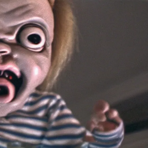 Image similar to security camera footage of screaming chucky doll crawling on the ceiling