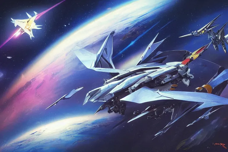 Prompt: a single of fighter mecha against a space backdrop, sleek interceptor profile, pterodactyl mecha, pteranadon styling, smooth, john berkey white plastic panels, robotech styling, luminous cockpit, running lights, kanji insignia and numbering, Raymond Swanland and Jessica Rossier nebula like clouds in space background near a ringed gas giant, hyper detailed hyper detailed, 8k, ultra realistic, cinematic lighting, ultra wide 35mm lens, Boeing Concept Art, Lockheed concept art