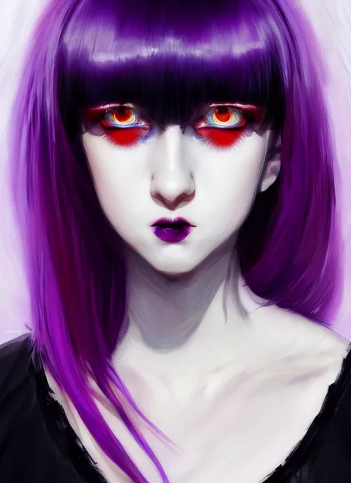 Image similar to portrait of white teenage girl, normal face, white bangs, mall goth, cyberlox, black and white hair, bangs, fluffy bangs, red contact lenses, purple lipstick, intricate, elegant, highly detailed, digital painting, artstation, concept art, sharp focus, smooth, illustration, art by wlop, mars ravelo and greg rutkowski