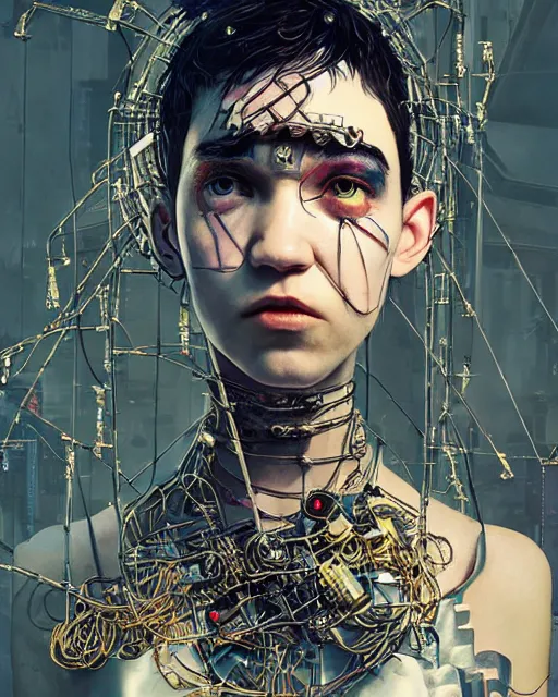 Prompt: grimes!! [ in cyberpunk attire ]!!, made of wires and metallic materials!!, portrait!!, digital art, afrofuturism, tarot card, 4 k, digital art, illustrated by greg rutkowski, max hay, rajmund kanelba, cgsociety contest winner