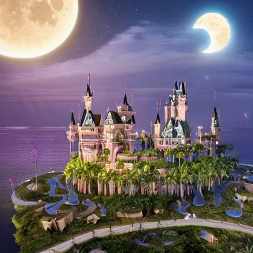 Image similar to the disney castle surrounded by giant palm trees on a giant floating island in the sky at night, a huge moon above the island illuminates the sky, cinematic, digital art by erik johansson, 8 k resolution, hyper detailed, hyper realistic, sharp focus, unreal engine 5