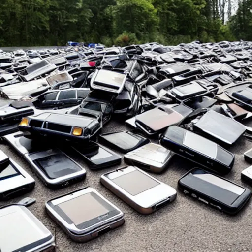 Image similar to pile of smartphones on highway, totalled vehicles from copart, photo