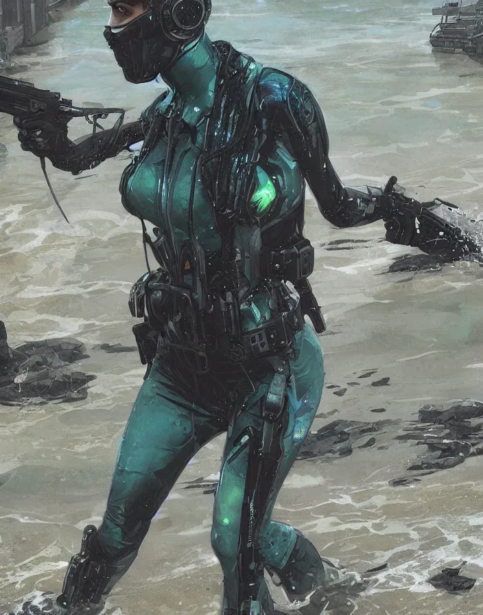 Image similar to Selina. USN blackops operator emerging from water at the shoreline. Operator wearing Futuristic cyberpunk tactical wetsuit and looking at an abandoned shipyard. Frogtrooper. rb6s, MGS, and splinter cell Concept art by James Gurney, greg rutkowski, and Alphonso Mucha. Vivid color scheme.