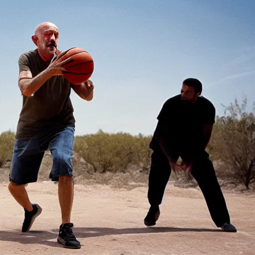 Image similar to mike ehrmantraut from breaking bad playing basketball at a desert, professional photography, cinematic, hd