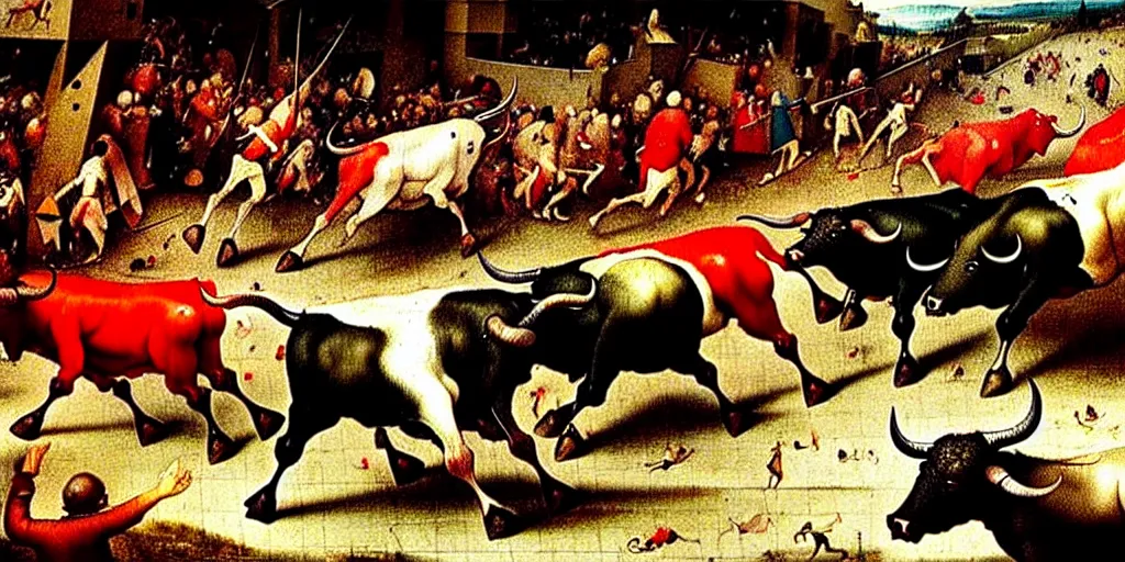 Image similar to the running of the bulls in pamplona, hundreds of people are fleeing from rampaging bulls in the city streets, art by hieronymus bosch, intricate, elegant, highly detailed, smooth, sharp focus, artstation