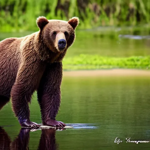 Image similar to a brown bears sees it's reflection in the lake ( eos 5 ds r, iso 1 0 0, f / 8, 1 / 1 2 5, 8 4 mm, postprocessed, crisp bokeh )