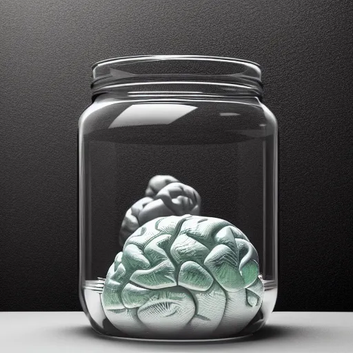 Prompt: octane render photorealistic hyperdetailed vray brain in a clear glass jar filled with dirty water