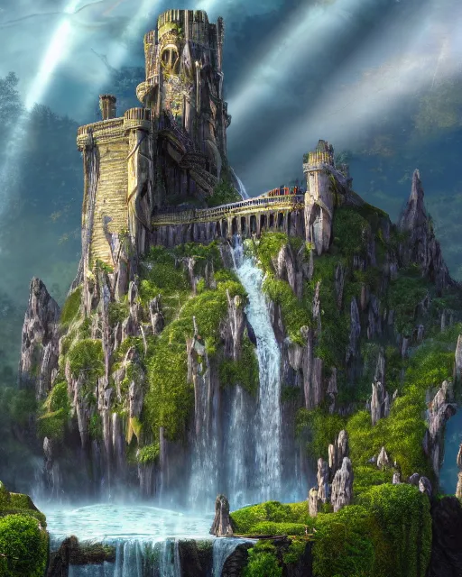 Image similar to a beautiful fantasy landscape of a large majestic castle adorned with gold linings and white marble walls from DND with lots of towers bridges and levels on top of a lush cliff with a huge waterfalls in the middle, ruins of structures at the bottom, afternoon light streaking with god rays, Dungeons and Dragons Castle, ornate, detailed, octane render, 8k, trending on artstation deviantart google images, pinterest, canon 35mm lens