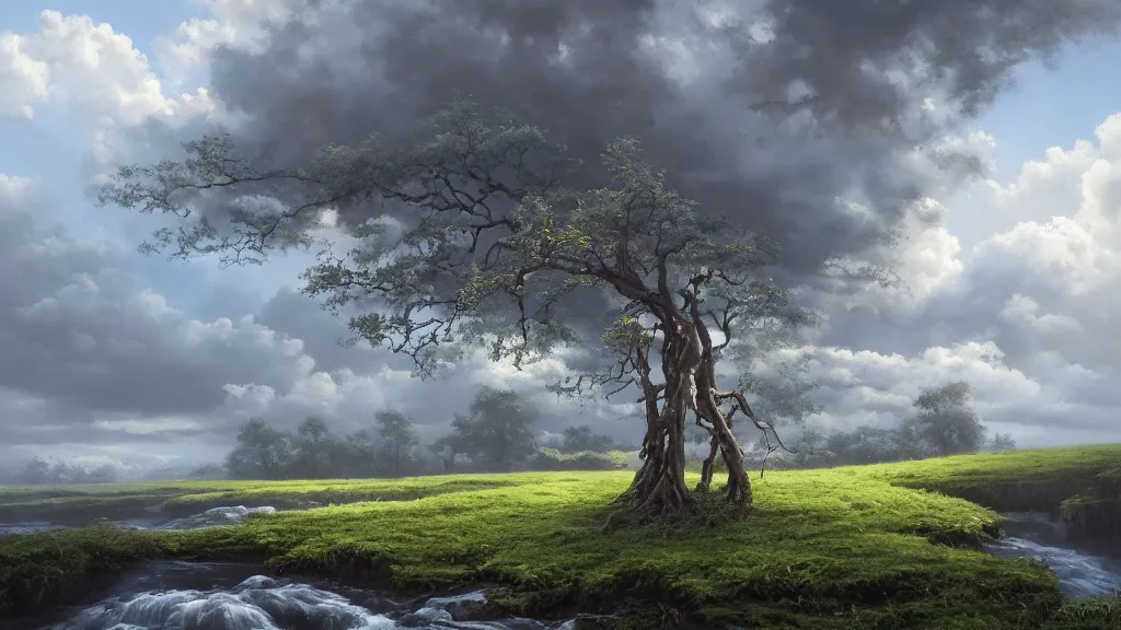 Image similar to very realistic oil painting of a single tree made of clouds with lots of very very cloud shaped leaves, A beautiful, highly detailed, masterpiece, next to a small crystal clear river, oil painting by Greg Rutkowski.