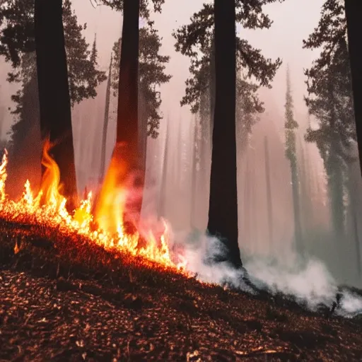 Prompt: photo of a candle tipped over and starting a forest fire, misty, low angle, artistic photo