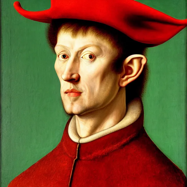 Image similar to 3/4 bust portrait of a shifty high fantasy elf sheriff with pointy ears wearing a cowboy hat by Jan van Eyck, 8k scan