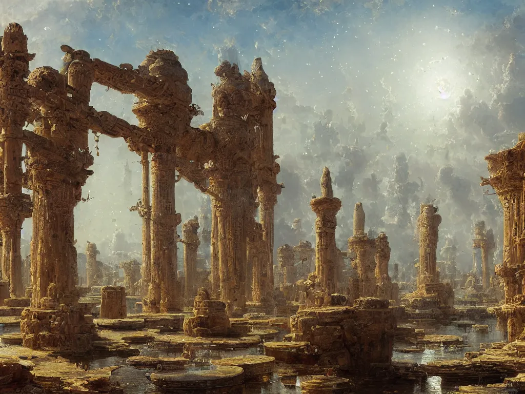 Image similar to detailed painting of a multiverse gateway in ancient mesopotamia in the middle of a sulphur lake, filigree ornaments, andreas achenbach, simon stalenhag