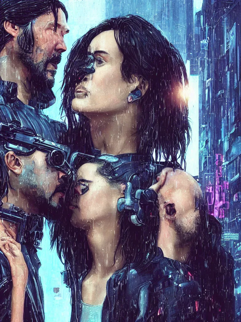 Prompt: a movie srcreenshot couple portrait of Keanu Reeves and V final kiss in cyberpunk 2077,love,film lighting,by Laurie Greasley,Lawrence Alma-Tadema,Andrei Riabovitchev,Dan Mumford,John Wick,Speed,Replicas,artstation,deviantart,FAN ART,full of color,Digital painting,face enhance,highly detailed,8K,octane,golden ratio,cinematic lighting