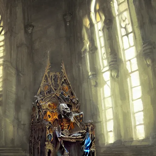 Image similar to Skeleton King resting on his throne inside a cathedral, oil painting, by Fernanda Suarez and Greg Rutkowski