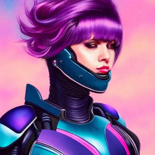 Prompt: a stunning upper body portrait of a beautiful woman with a ombre purple pink hairstyle with hair blowing in the wind wearing futuristic navy blue and teal battle bodyarmor and pauldrons by marvel comics, outrun, vaporware, highly detailed, fine detail, intricate, digital art, trending on artstation
