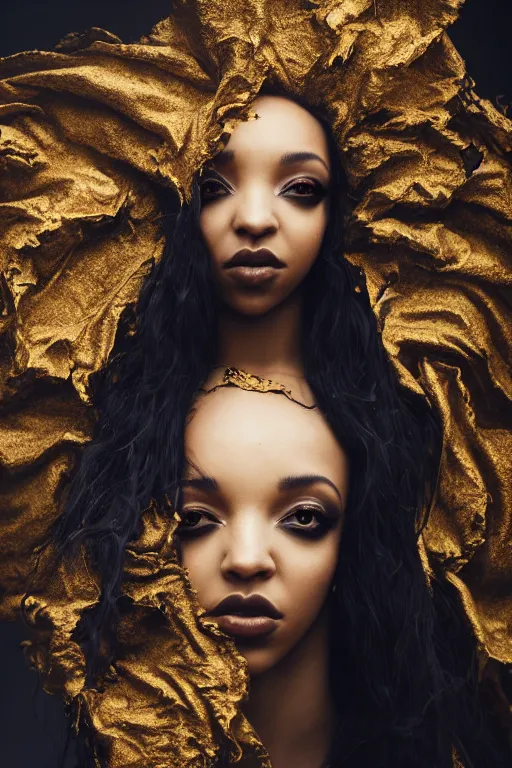 Prompt: photoshoot of tinashe as mysterious dark goddess of death, realism, clouds, swirling energy, torn fabric, elaborate ornate growth, gilded relief, volumetric lighting, light shafts, ambient light, trending on artstation, by alessio albi