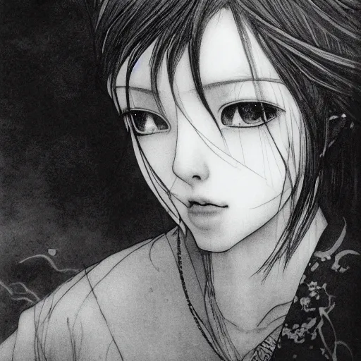 Prompt: a portrait of a character in a scenic environment by Yoshitaka Amano, black and white, dreamy, dark eyes