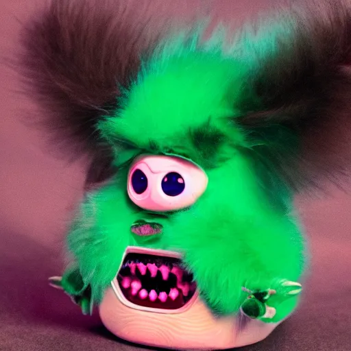 Image similar to a demonic furby with human teeth