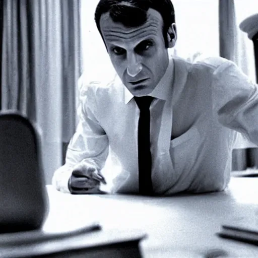 Prompt: Emmanuel Macron doing his morning routine in American Psycho (1999)