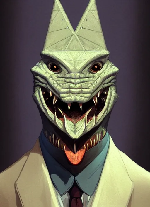 Image similar to anthropomorphic triangle head in edgy darkiron mr. bean, intricate, elegant, highly detailed animal monster, digital painting, artstation, concept art, smooth, sharp focus, illustration, art by artgerm, richard corben, trending on artstation and greg rutkowski and alphonse mucha, 8 k