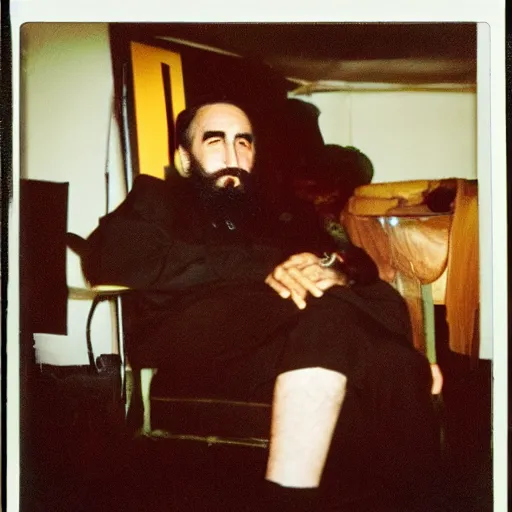 Image similar to fidel castro wearing goth clothing, polaroid, by nan goldin