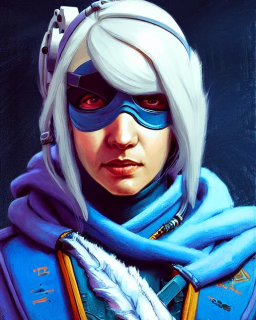 Prompt: ana from overwatch, eye patch, white hair, hooded blue cloak, character portrait, portrait, close up, concept art, intricate details, highly detailed, vintage sci - fi poster, in the style of chris foss, rodger dean, moebius, michael whelan, and gustave dore