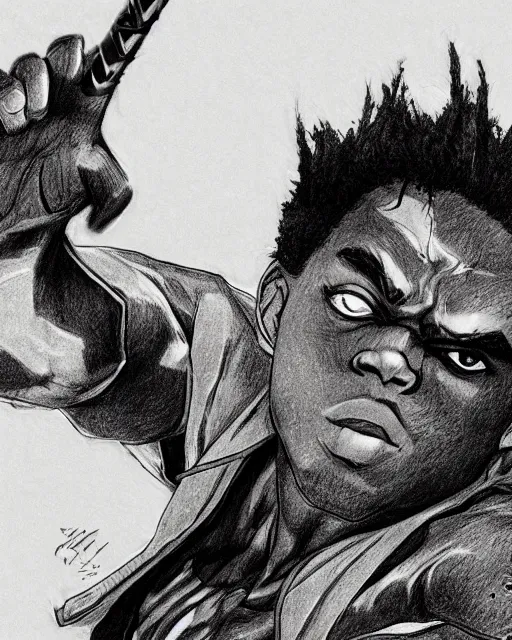 Image similar to a very detailed pencil drawing of kodak black in demon slayer manga panel, action lines, greg rutkowski, in field high resolution, dynamic pose, landscape, medium portrait, action, hyper realistic, manga, koyoharu gotouge, sakuga