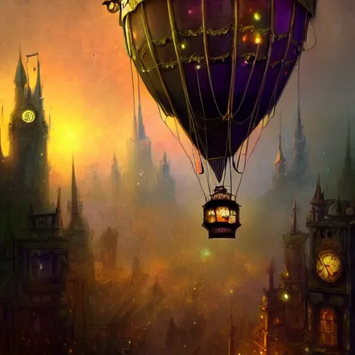 Image similar to a beautiful stunning fantasy whimsical matte digital illustration of a scene of a steampunk! hot - air balloon over a lit steampunk! city at night by marc simonetti, pastel color palette, disney magic the gathering steampunk!!!, chiaroscuro magical! bokeh moon stars dramatic romantic! epic breathtaking, clock tower,, trending on artstation hq, masterpiece