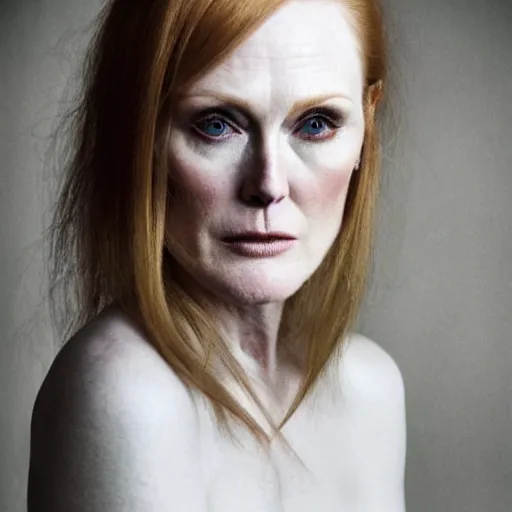 Image similar to portrait photo of julianne moore, full platinum blond, intense, pale skin, by kyle thompson, realistic, high detail, high quality, trending on pinteresst