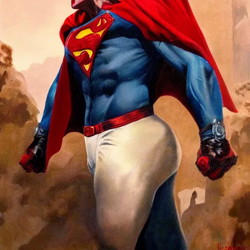 Prompt: ultra realistic portrait painting of red skull as superman, art by frank frazetta, 4 k, ultra realistic, highly detailed, epic lighting