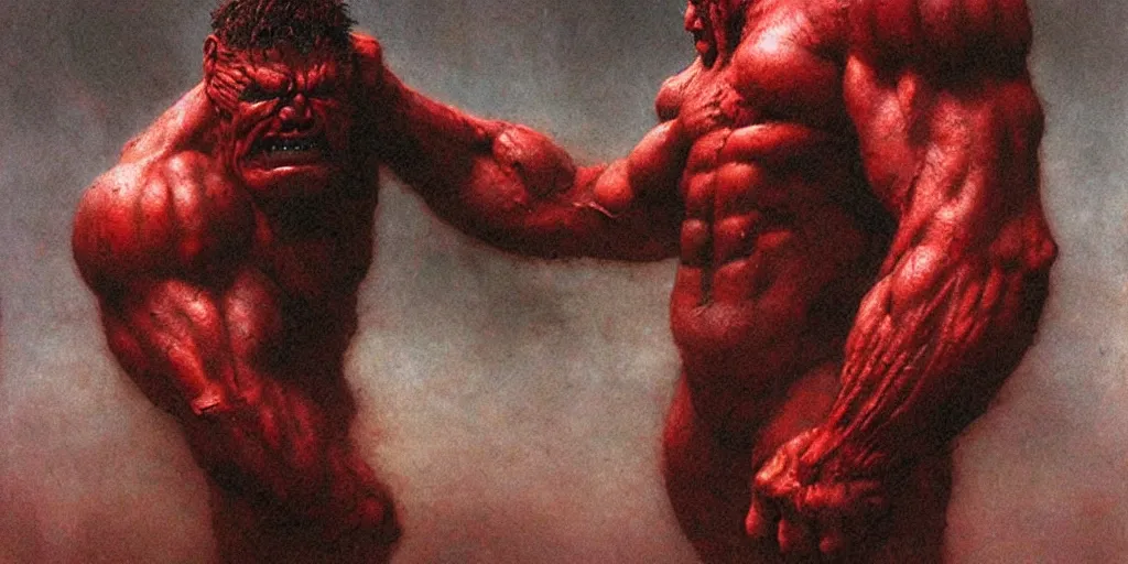 Image similar to Red Hulk by Beksinski, Luis Royo