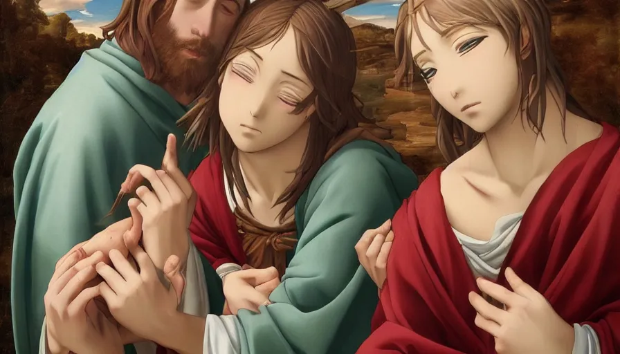 Prompt: jesus christ our lord and savior blessing a cute anime gir, photorealistic, anime, renaissance painting, hyper real, detailed, wide angle shot