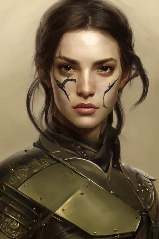 Image similar to a professionally painted portrait of an attractive young woman, clothed in military armor, olive skin, long dark hair, beautiful bone structure, symmetrical facial features, intricate, elegant, digital painting, trending on Artstation, concept art, smooth, sharp focus, illustration, from Metal Gear by Ruan Jia and Mandy Jurgens and Artgerm and William-Adolphe Bouguerea, award winning