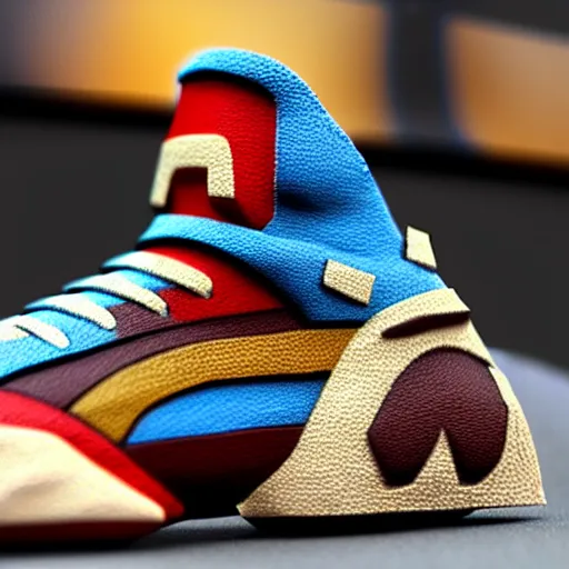 Image similar to realistic scultpure of sneaker! design, sneaker design overwatch fantasy style mixed with aztec mayan native street fashion, focus on sneakers only, shoes designed by akira toriyama and studio ghibli