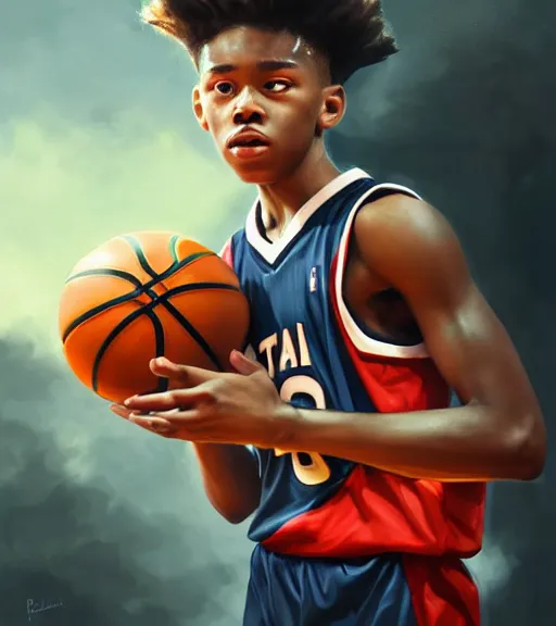 Prompt: portrait of a boy at a basketball court playing basketball wearing a basketball uniform in a basketball court, poised, intense emotion, detailed facial expression, detailed surroundings, perfect basketball, intricate, elegant, highly detailed, centered, digital painting, artstation, concept art, smooth, sharp focus, illustration, by Peter Mohrbacher, WLOP