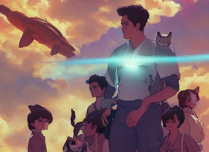 Image similar to a space handsome gay guys and their 1 0 pet space cats staring role in a musical sci - fi space opera ghibli animated film, volumetric lighting, octane render by stanley artgerm lau, greg rutkowski, thomas kindkade, alphonse mucha, loish, norman rockwel, 8 k greg rutkowski