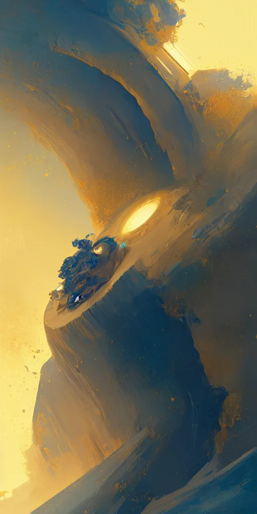 Image similar to highly detailed portrait of a semicircular bounded space surrounded by golden and blue magic powder, ultra wide angle, finer details : 3, by ian fisher and greg rutkowski, trending on artstation.