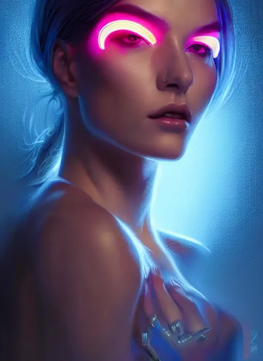 Prompt: portrait of european female humanoid, very intricate, elegant, cyber neon lights, highly detailed, digital illustration, trending in artstation, trending in pinterest, glamor pose, concept art, smooth, sharp focus, art by artgerm and greg rutkowski