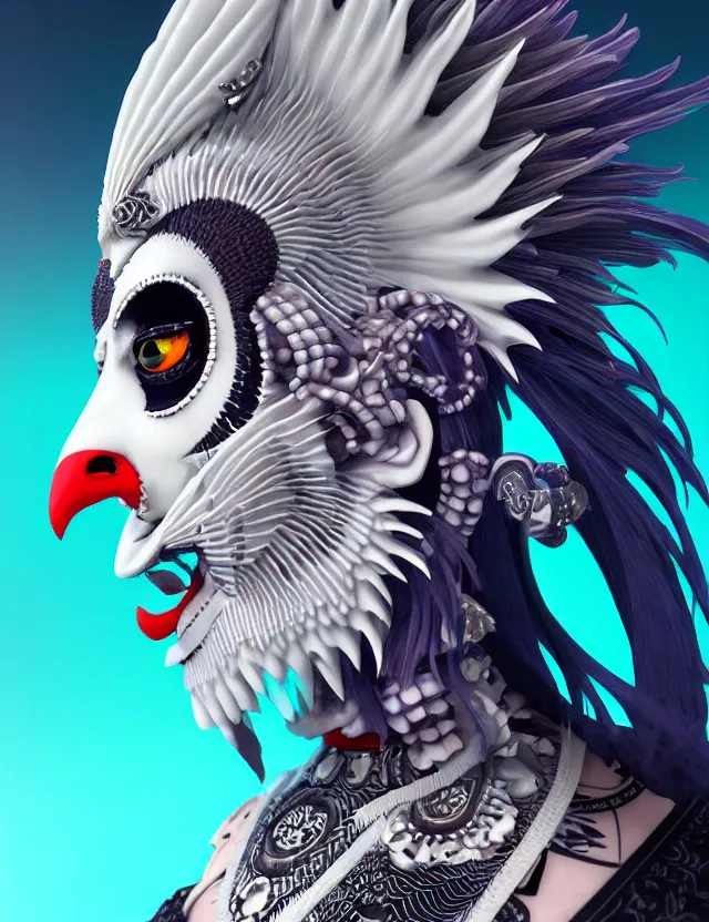 Image similar to 3 d goddess close - up profile simple portrait punk with mohawk with ram skull. beautiful intricately detailed japanese crow kitsune mask and clasical japanese kimono. betta fish, jellyfish phoenix, bio luminescent, plasma, ice, water, wind, creature, artwork by tooth wu and wlop and beeple and greg rutkowski